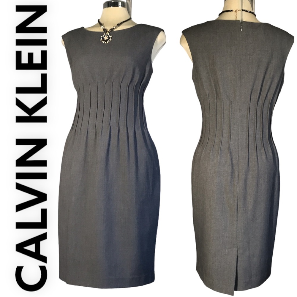 CALVIN KLEIN Luxury Grey Elegant Sheath Sleeveless Dress Size 10